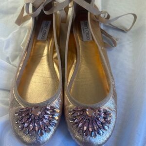 Jimmy Choo Pink Metallic And Rhinestone Ballerina… - image 1